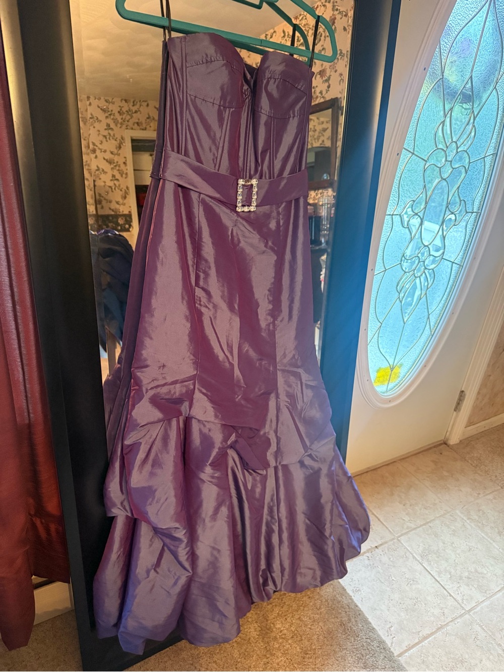 Jessica McClintock Strapless Plum Satin Gown with Rhinestone Buckle